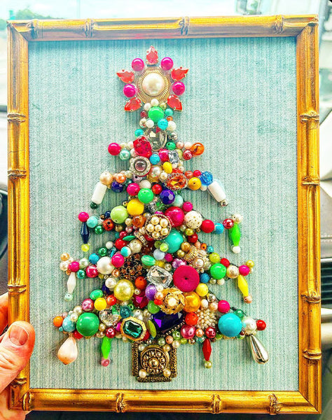 Framed vintage jewelry Christmas tree art with French blue velvet background- gold bamboo frame