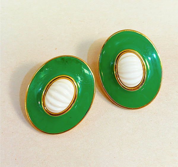 Vintage Monet oval MASTERS green enamel pierced earrings