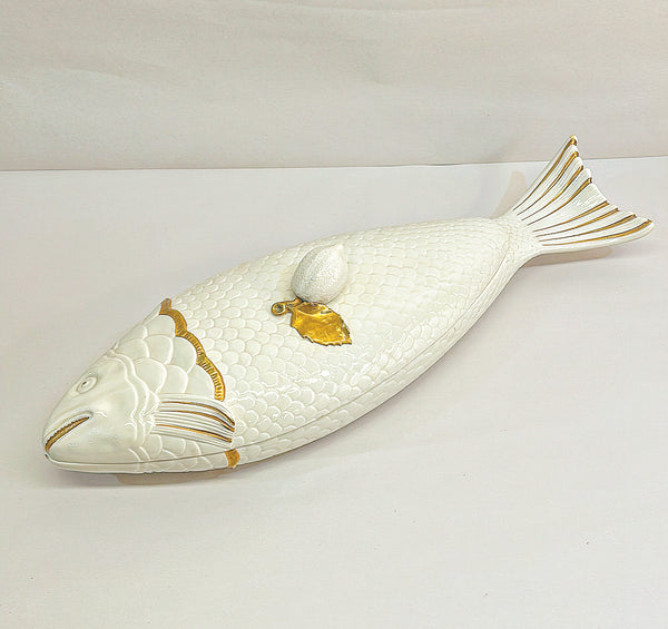 Rare vintage Italian signed &amp; stamped Mottahedeh fish tureen with lid having a lemon handle.