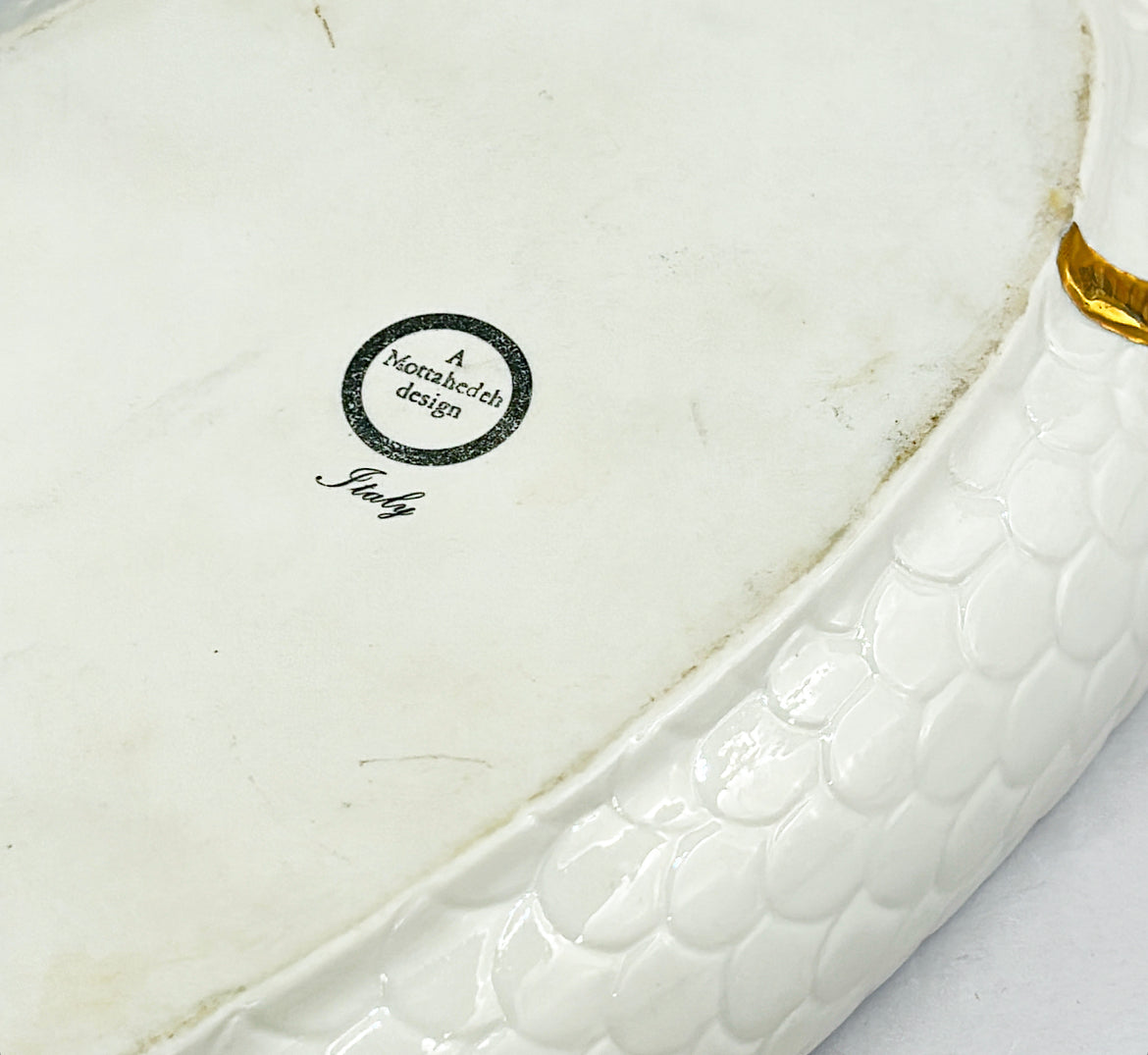 Rare vintage Italian signed &amp; stamped Mottahedeh fish tureen with lid having a lemon handle.