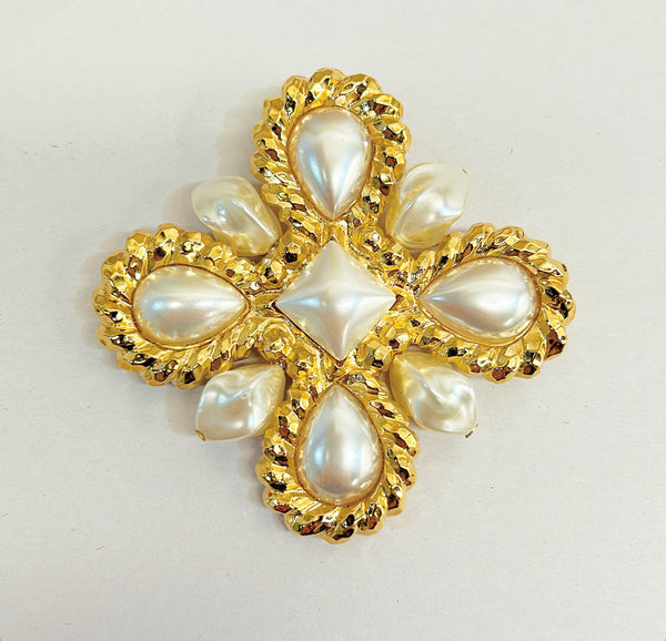 Stunning extra large signed St. John Maltese style faux pearl statement brooch.