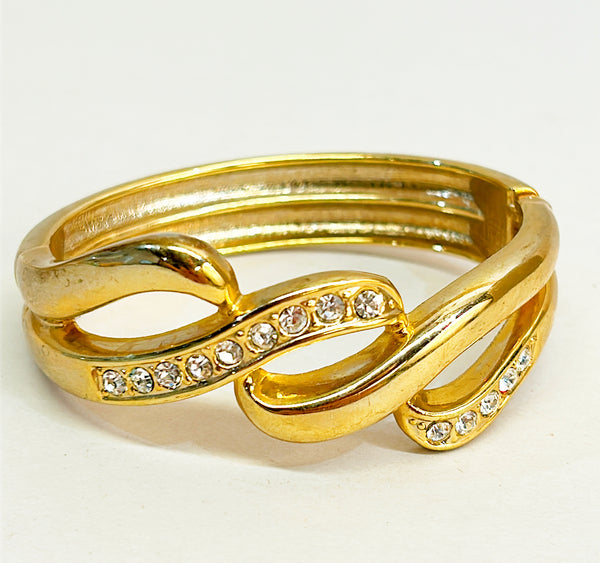 Vintage gold metal &amp; rhinestones hinged designer style bracelet.