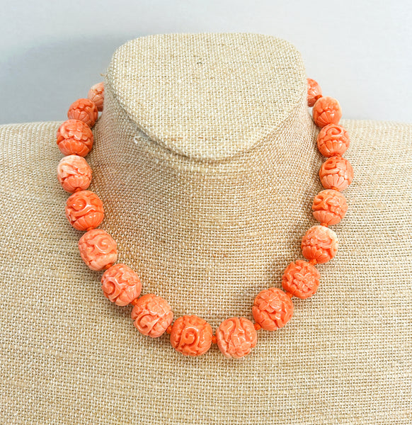 1970s rare Kenneth Lane carved coral beaded collar necklace. Asian style carved coral intentional faded style beads