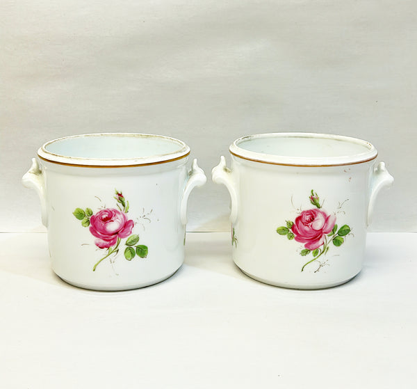 Pair of matching signed 1950s Dresden pink floral and white cachepots