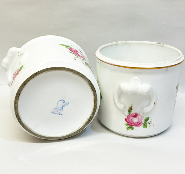 Pair of matching signed 1950s Dresden pink floral and white cachepots