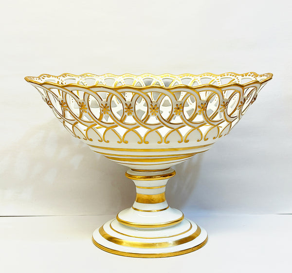 Extra large oval shaped early 20th century porcelaine de Paris white &amp; gilt porcelain footed compote bowl.