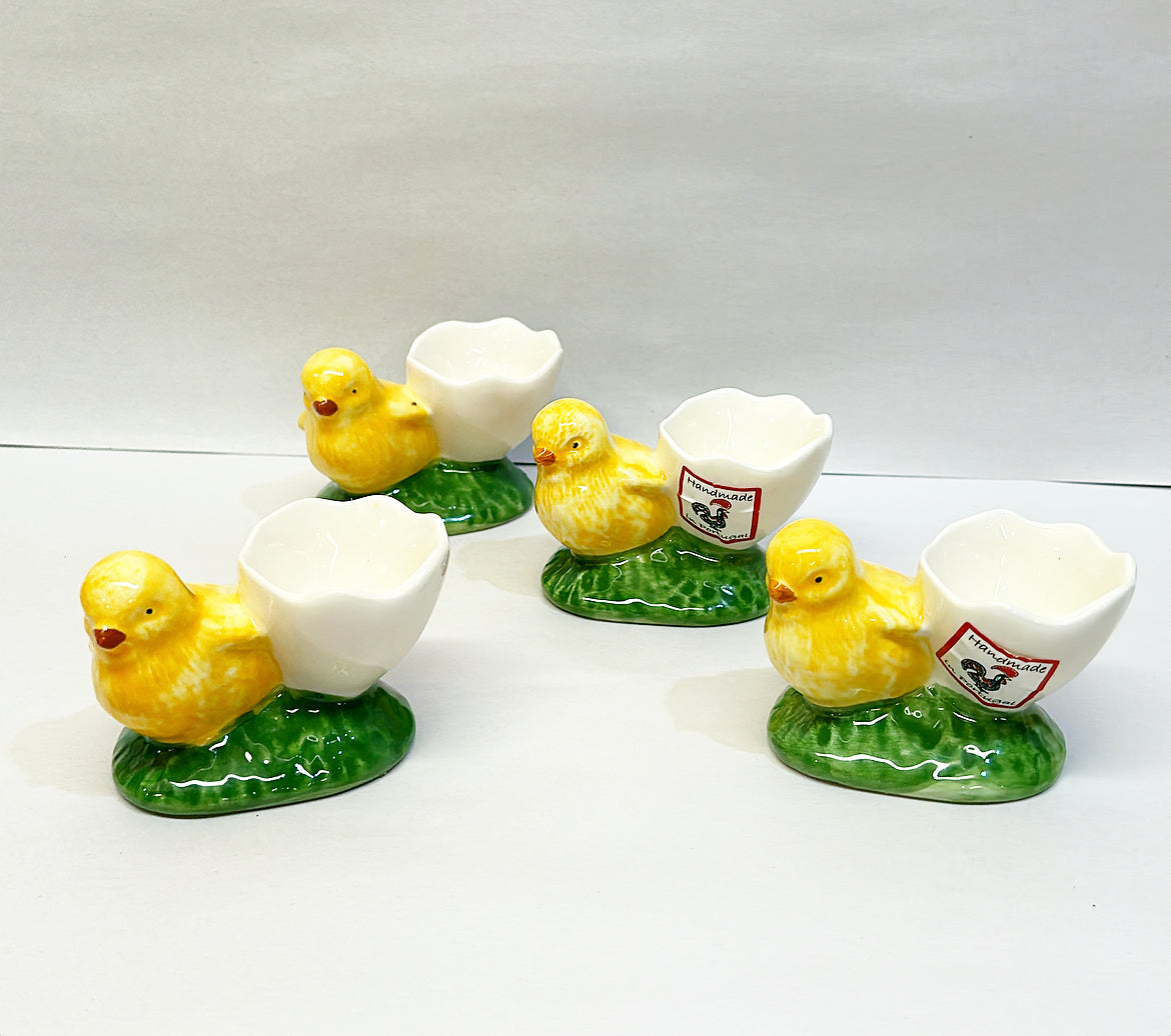 80s signed Bordallo Pinneiro Portugal yellow baby chicks egg cup holders