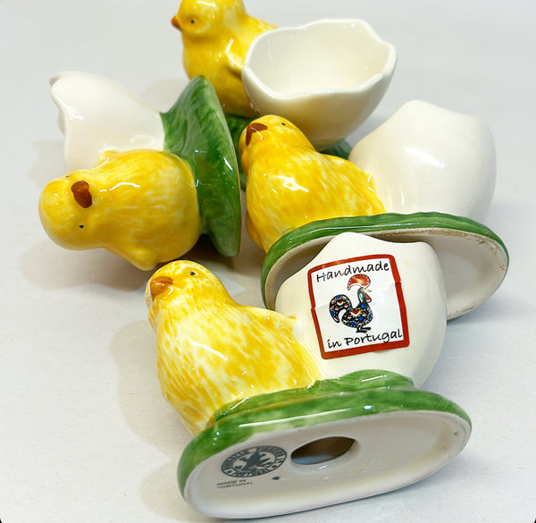 80s signed Bordallo Pinneiro Portugal yellow baby chicks egg cup holders