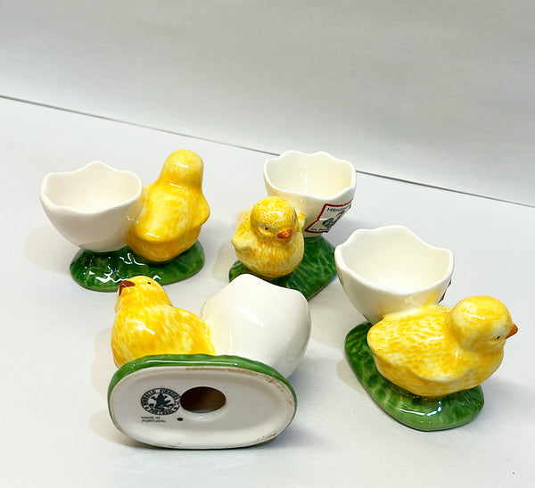80s signed Bordallo Pinneiro Portugal yellow baby chicks egg cup holders