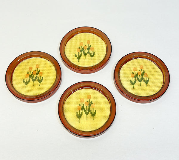 Vintage 70s hand made petit point style coasters.