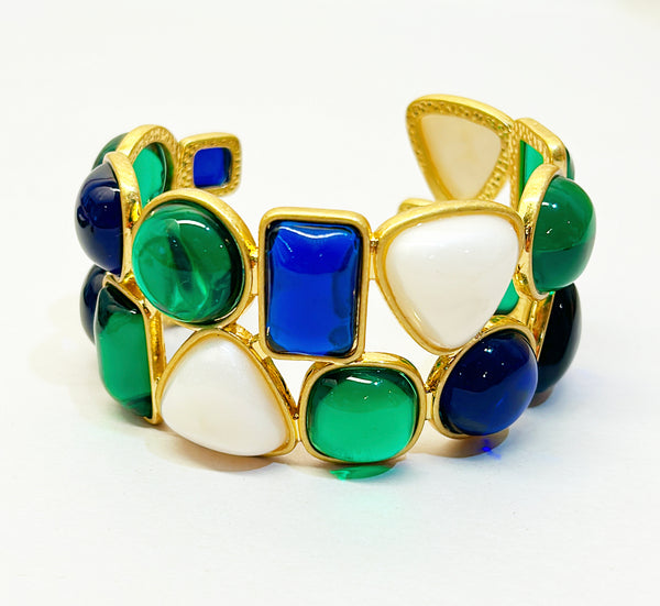 Stunning statement cuff with faux pearls &amp; green &amp; blue cabochon