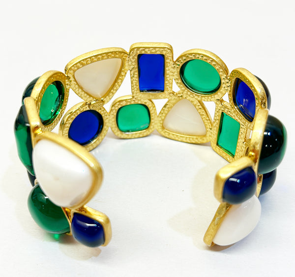 Stunning statement cuff with faux pearls &amp; green &amp; blue cabochon