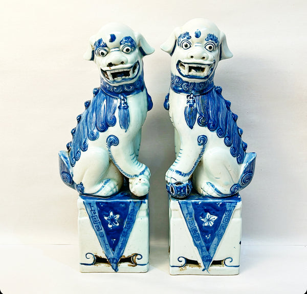 Amazing classic pair of blue &amp; white foo dog decorative figures.
