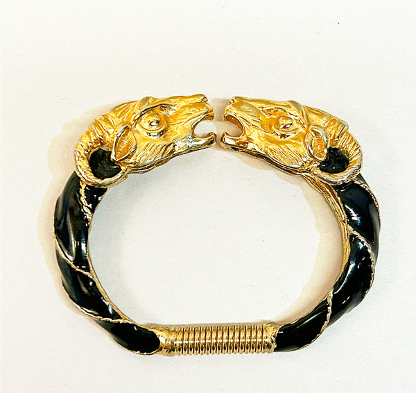 Classic vintage signed Donald Standard double rams head hinged spring style clamper bracelet