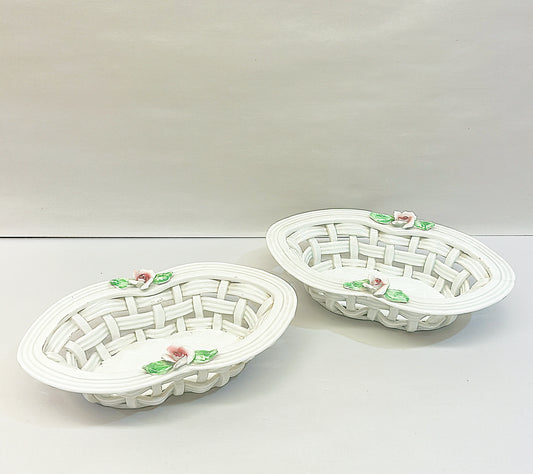 Rare matching pair of vintage 60s oval style shaped white ceramic baskets