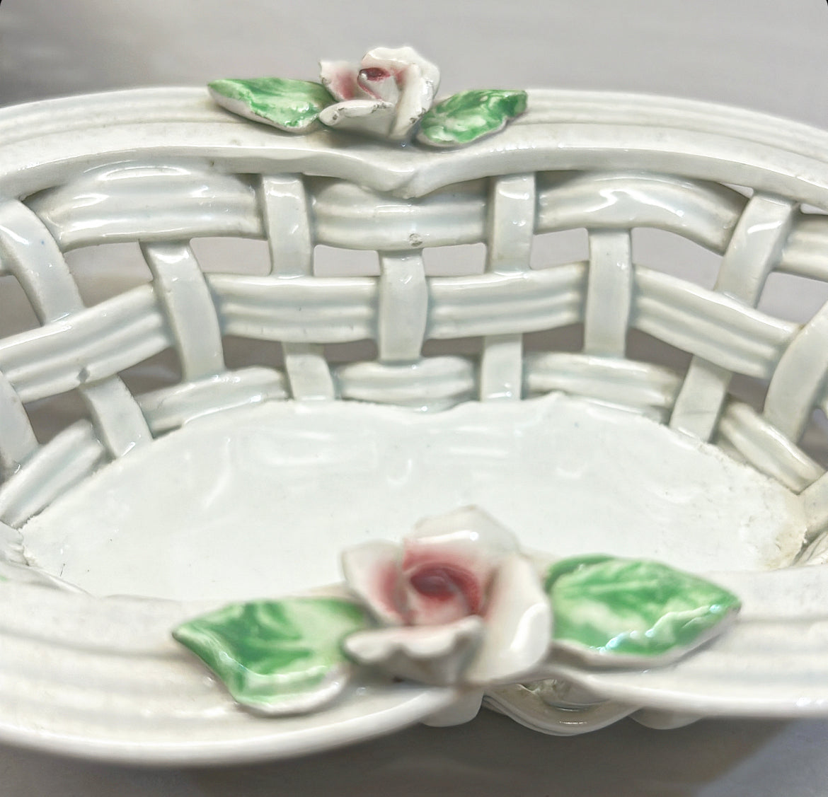 Rare matching pair of vintage 60s oval style shaped white ceramic baskets