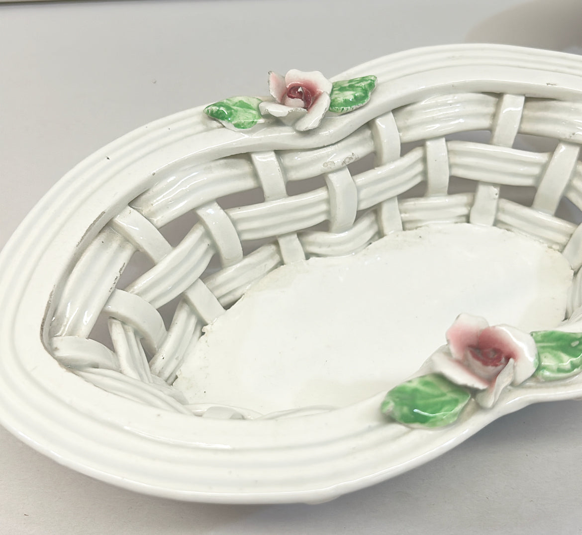 Rare matching pair of vintage 60s oval style shaped white ceramic baskets