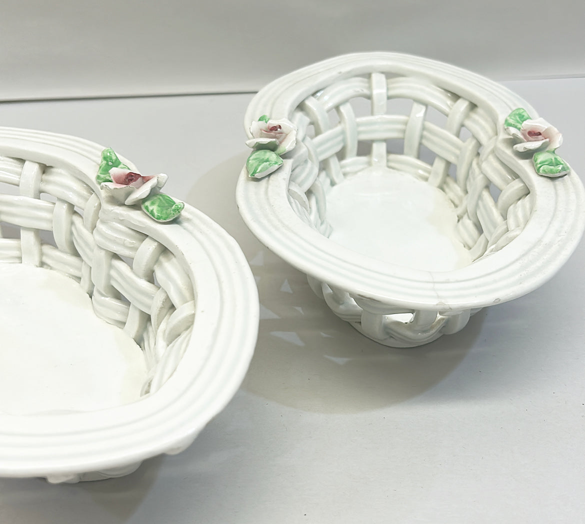 Rare matching pair of vintage 60s oval style shaped white ceramic baskets