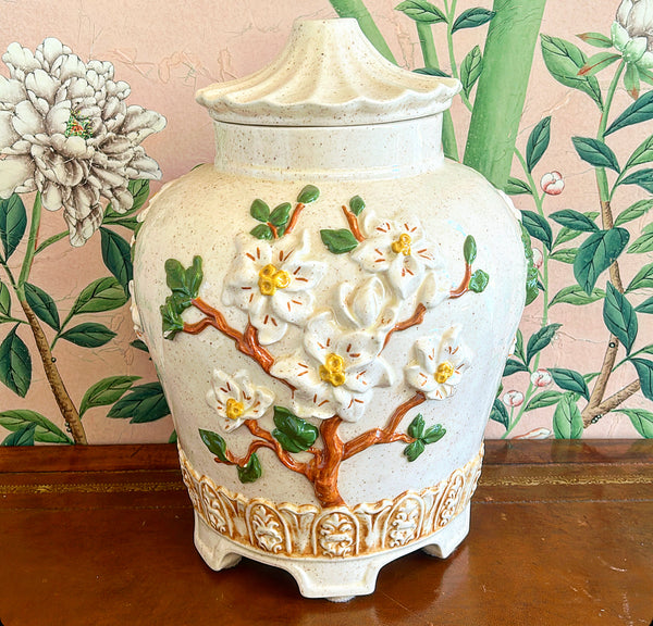 1980 stamped vintage large decorative pagoda style box / vase with lid.