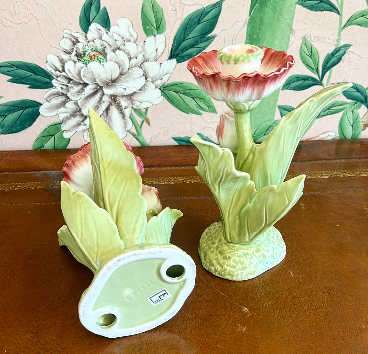 Rare signed 1980s Fitz &amp; Floyd pink tulip matching candlesticks.