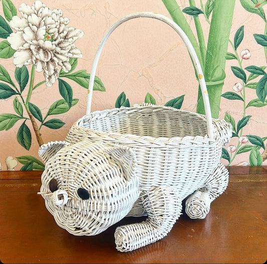 Rare 1980s adorable wicker kitty basket / planter with handle.