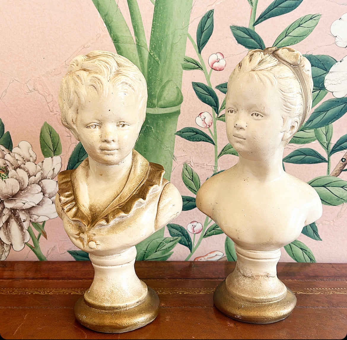 Pair of vintage 1970s French boy and girl bust couple.