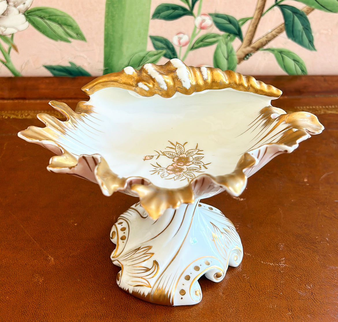Vintage French Limoges old Paris style footed shell dish / compote.