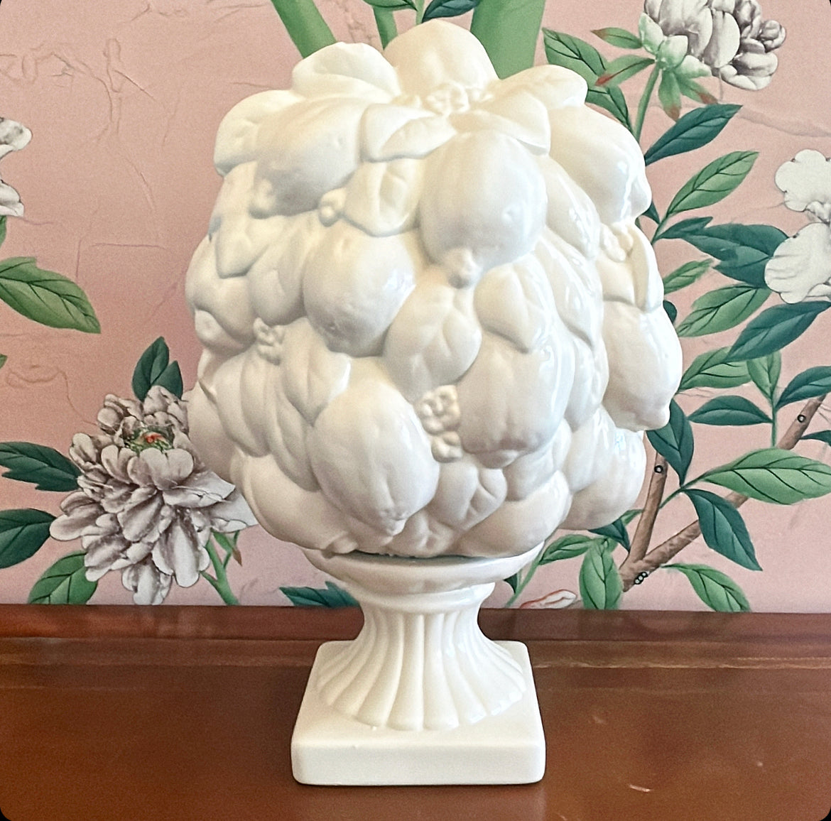 Extra large vintage lemon topiary painted all white in a ceramic material.