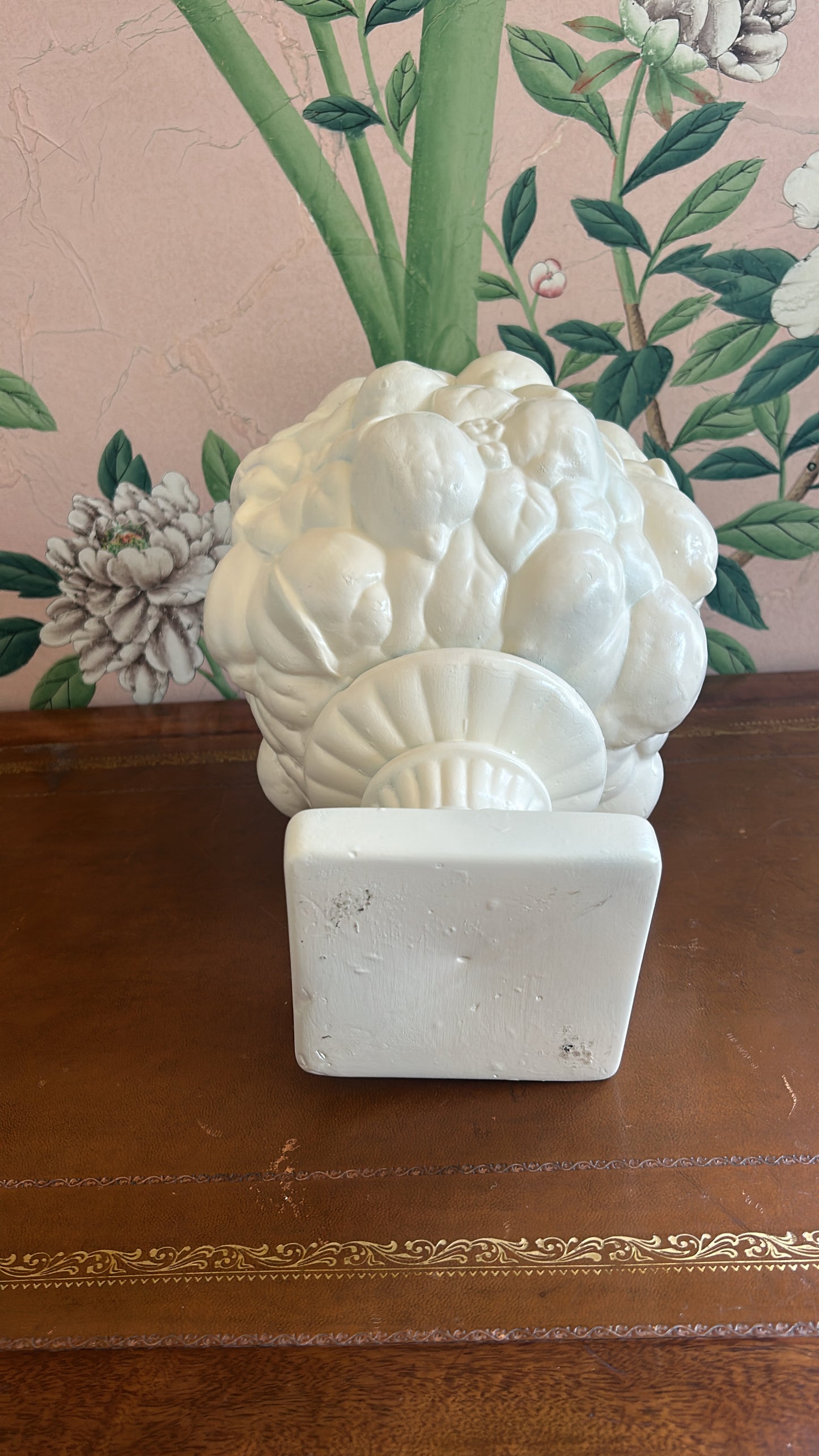 Extra large vintage lemon topiary painted all white in a ceramic material.