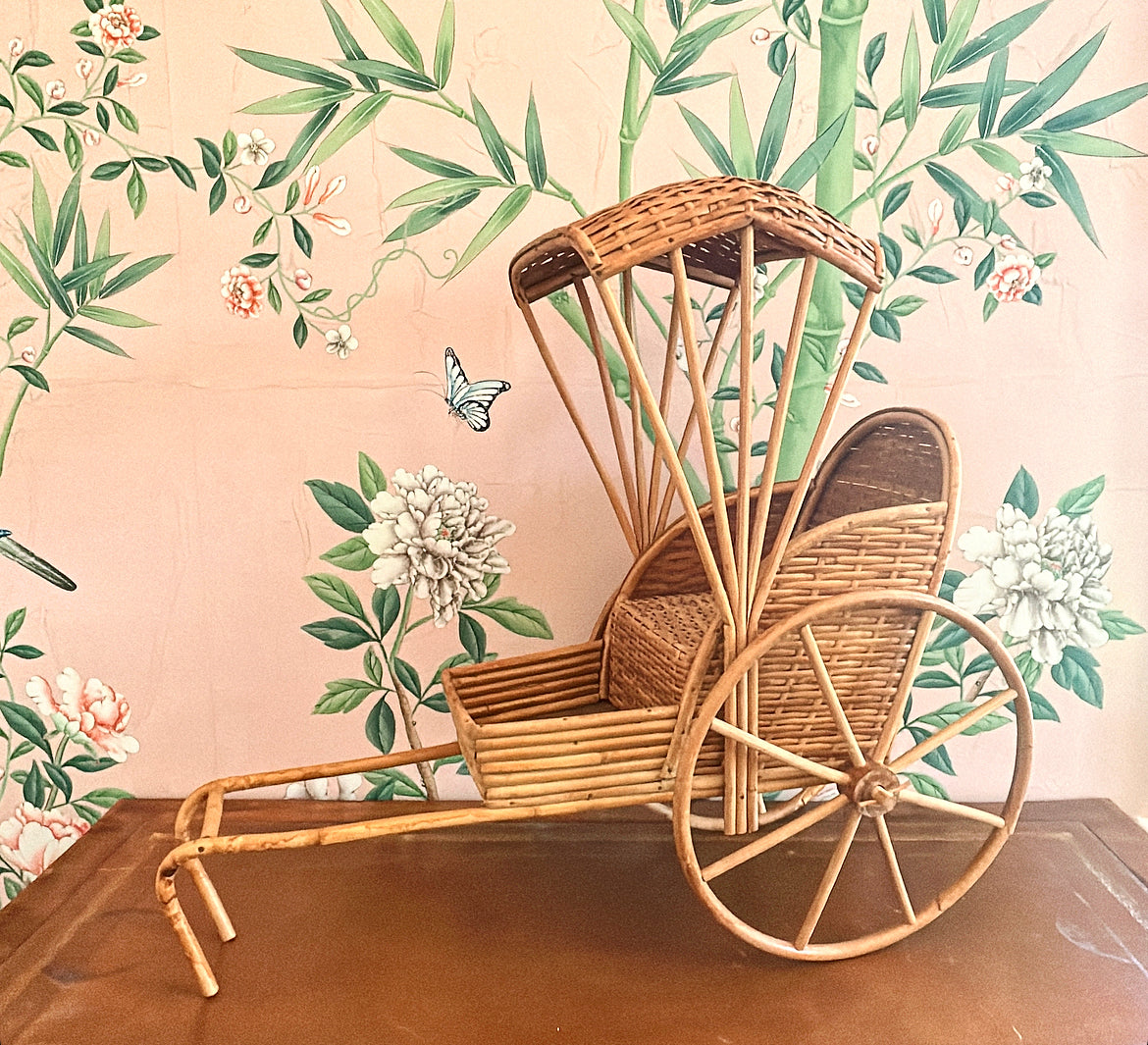 Super rare 80s natural rattan with bamboo trim and wheels decorative rickshaw