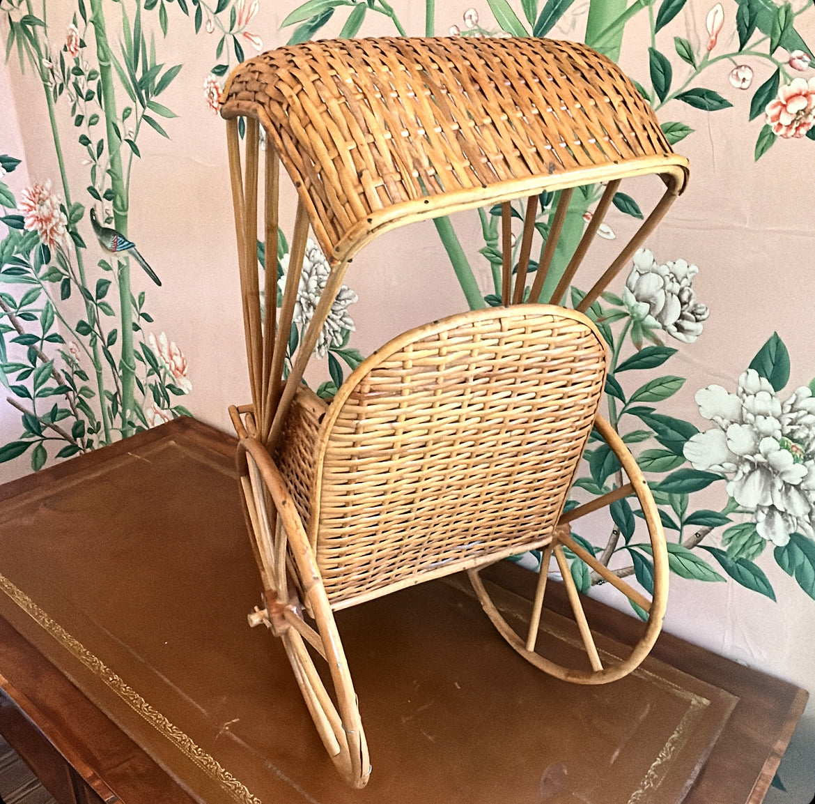 Super rare 80s natural rattan with bamboo trim and wheels decorative rickshaw