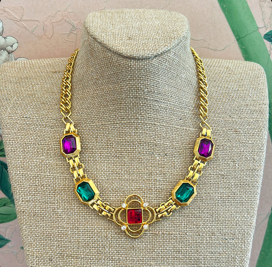 Vintage classic 1980s multi colored faux gemstone gold metal necklace.