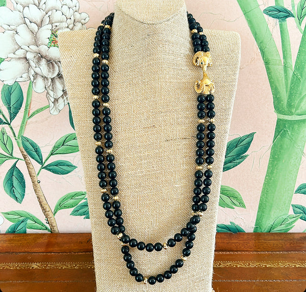 1980s KJL signed vintage black double strand beaded necklace