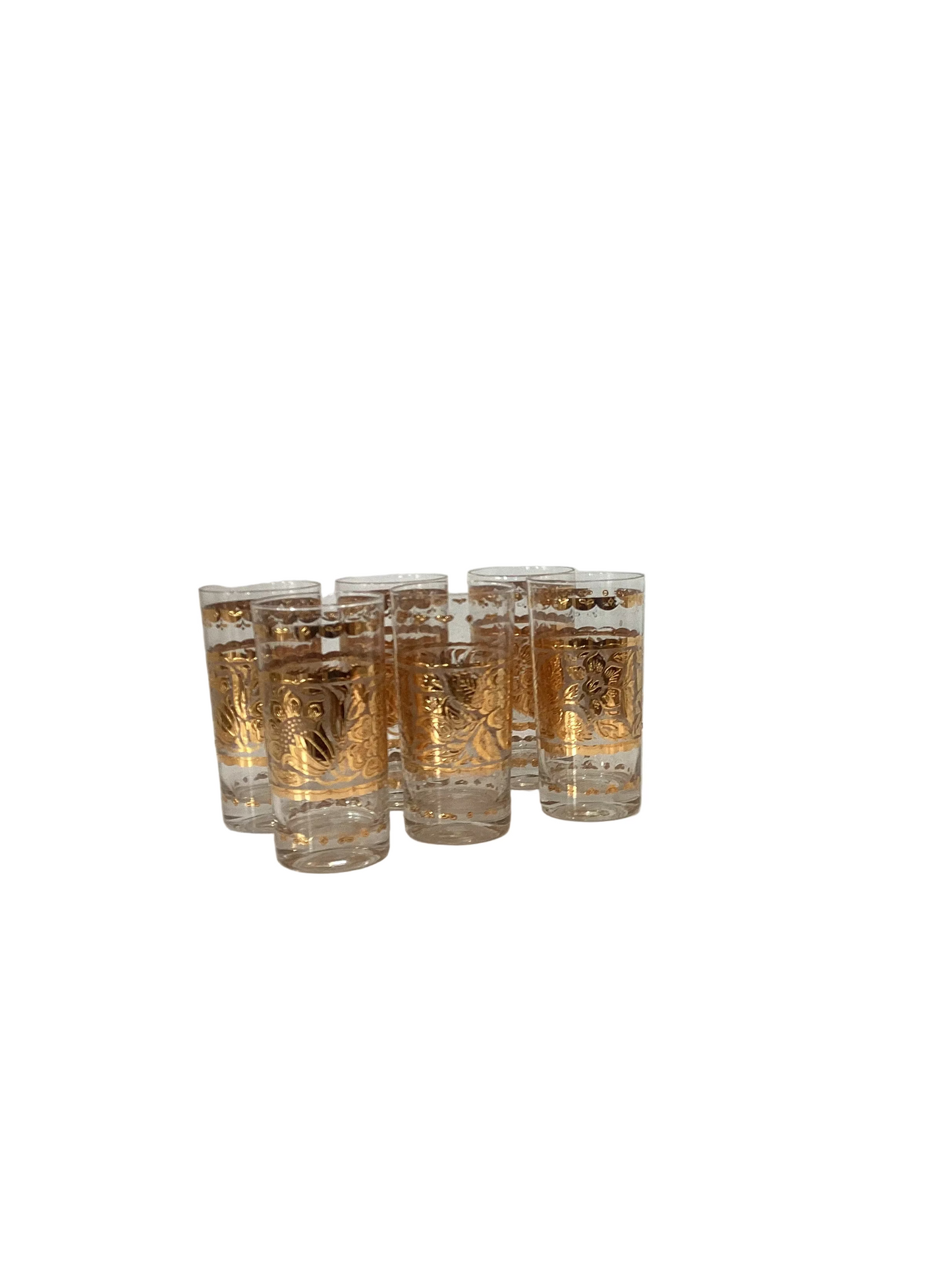 Set of 6 Vintage Georges Briard Barware Signed MCM Gold Floral Highball Glasses