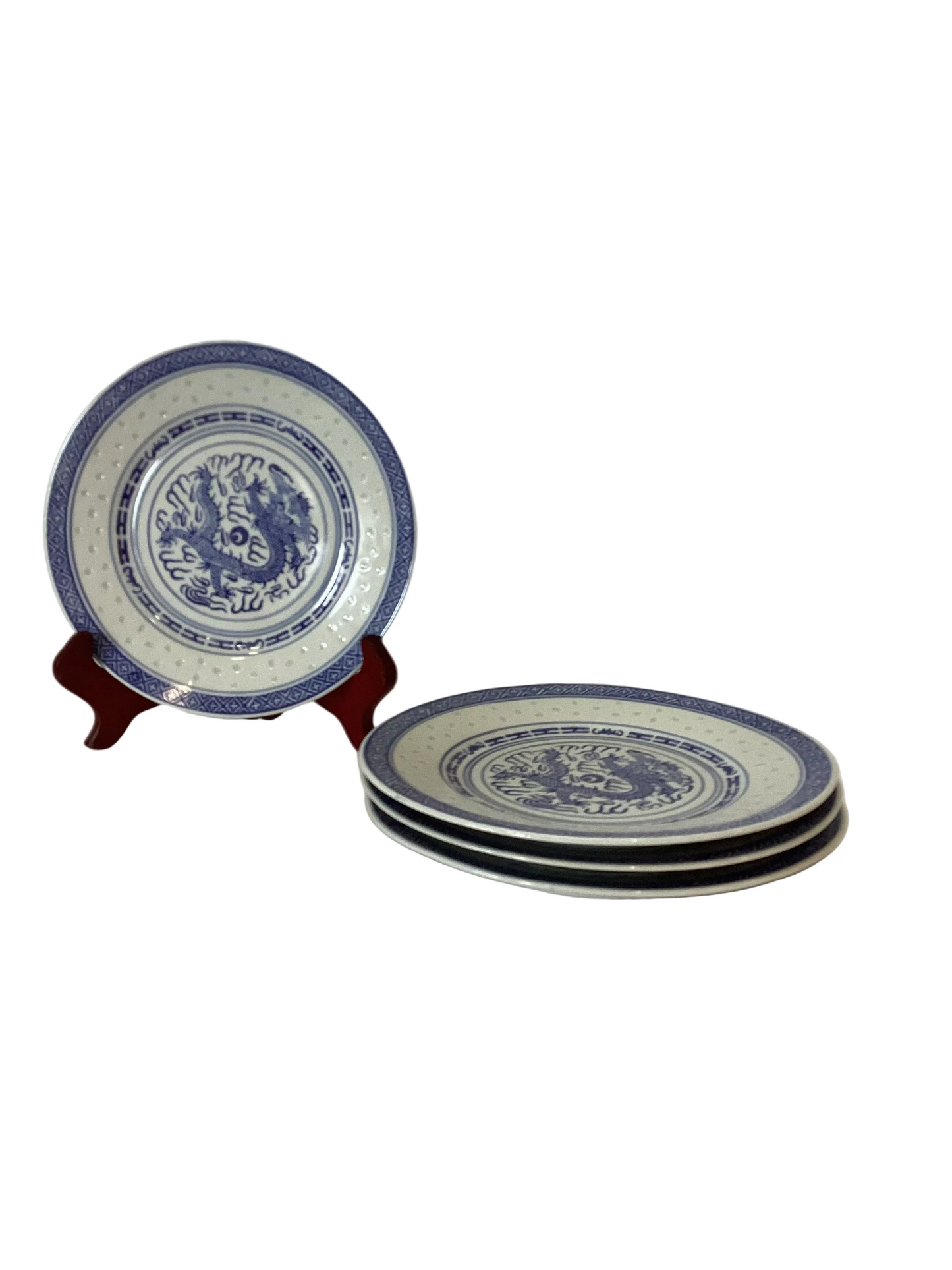 LS - Vintage Jingdezhen Dragon Rice Grain Porcelain Salad Plate - Set of 4