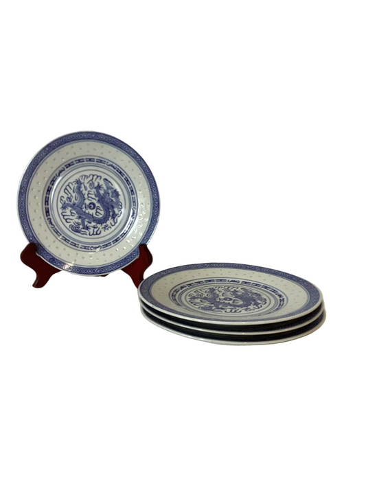 LS - Vintage Jingdezhen Dragon Rice Grain Porcelain Salad Plate - Set of 4