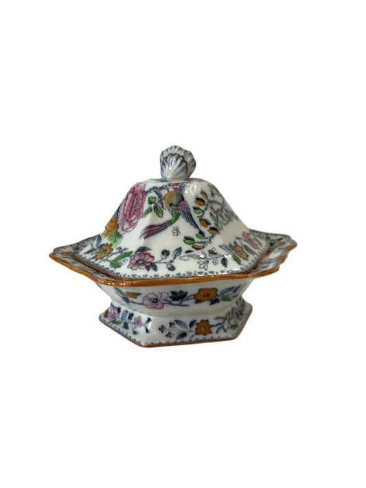 Ashewood Brothers Hanley Tureen & Lid Floral Flying Birds England 1895