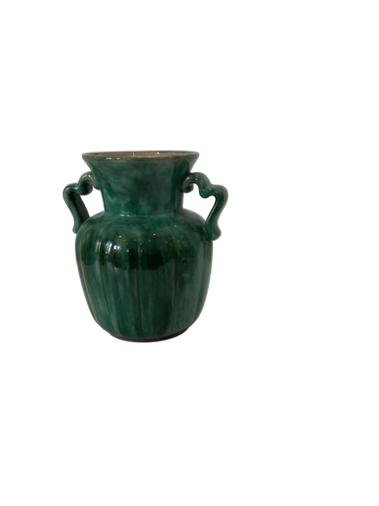 LS- Green glazed pottery vase featuring two graceful handles