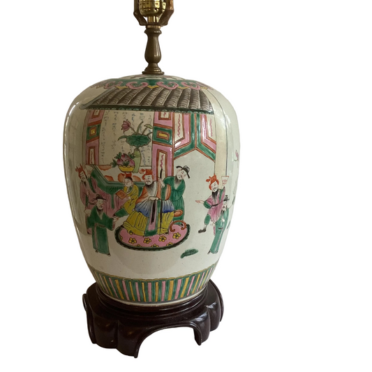 Vintage Colorful Chinoiserie Porcelain  Lamp