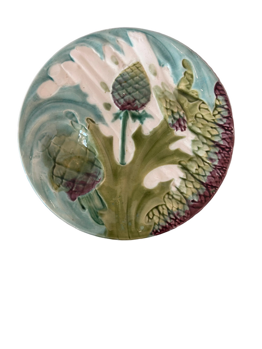 19th-century French Majolica artichoke and asparagus plates - Sold in Pair