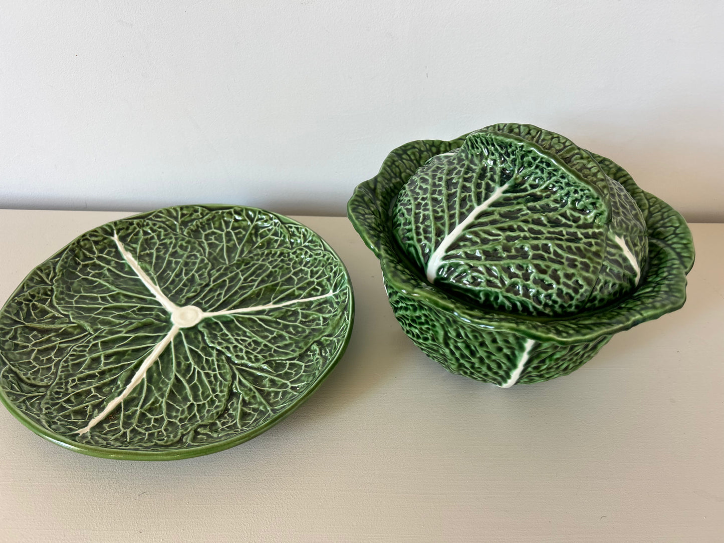 Vintage green cabbage-leaf lidded soup tureen with an underplate