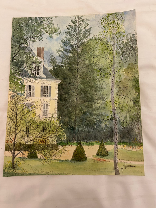 This is a watercolor illustration of a house surrounded by trees