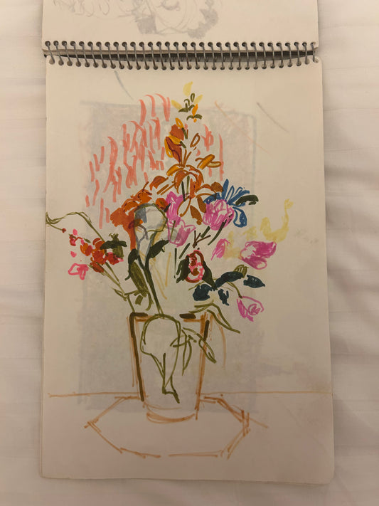 Image appears to be a colorful sketch of flowers in a vase