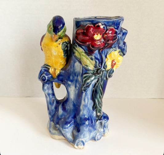 Vintage ceramic glazed, parakeet bird vase