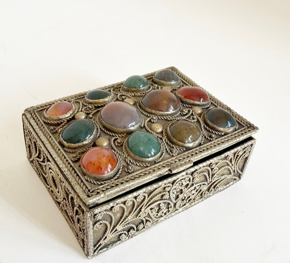 Decorative small pewter box with semi precious stone, top inset