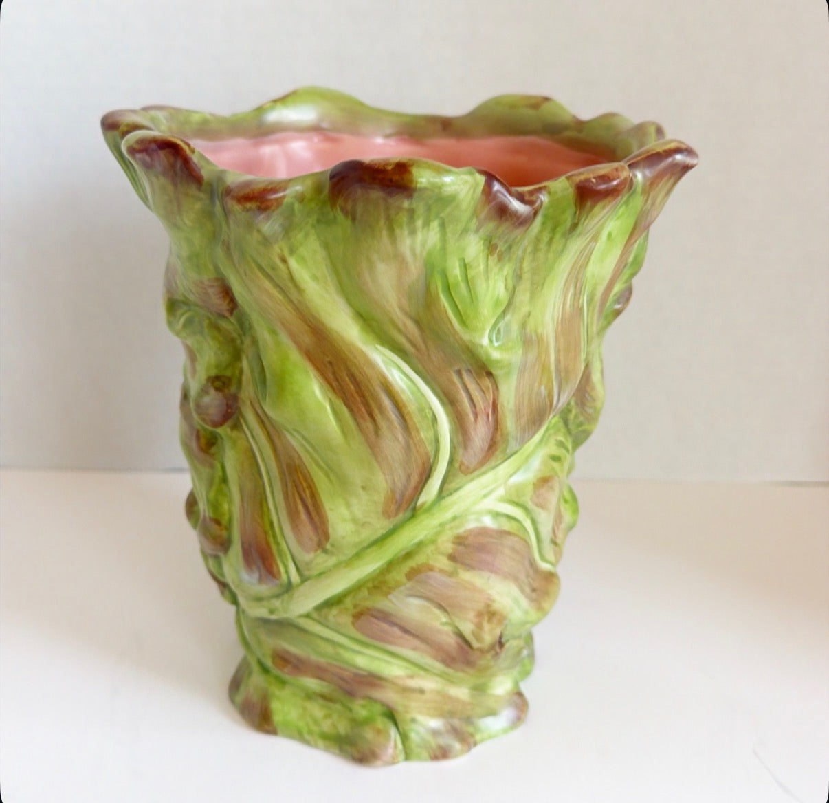 Vintage green and pink palm leaf style vase
