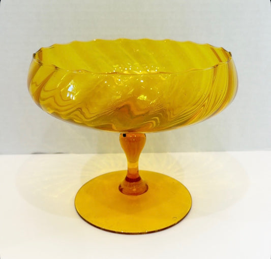 Vintage mid-century, modern decorative Amber, yellow glass foot bowl