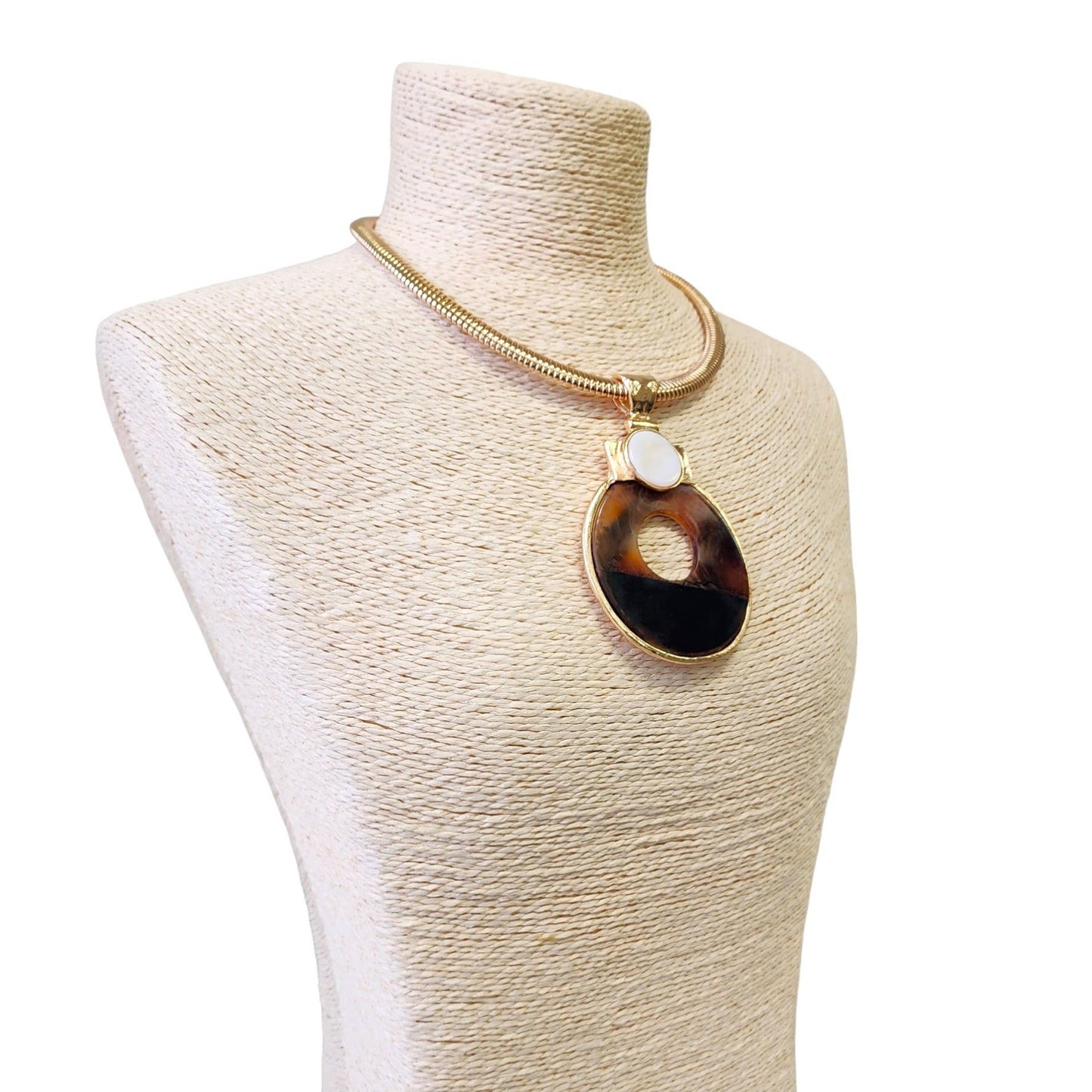 Neutral Tortoise Shell Lucite & Gold Collar Pendant Necklace