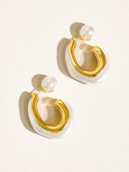 Kinsley 18K Gold Classic Pearl C Hoop Earring: White