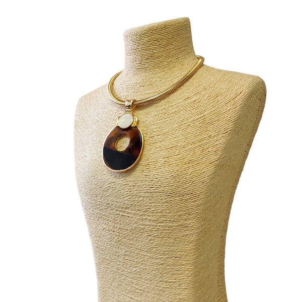 Neutral Tortoise Shell Lucite & Gold Collar Pendant Necklace